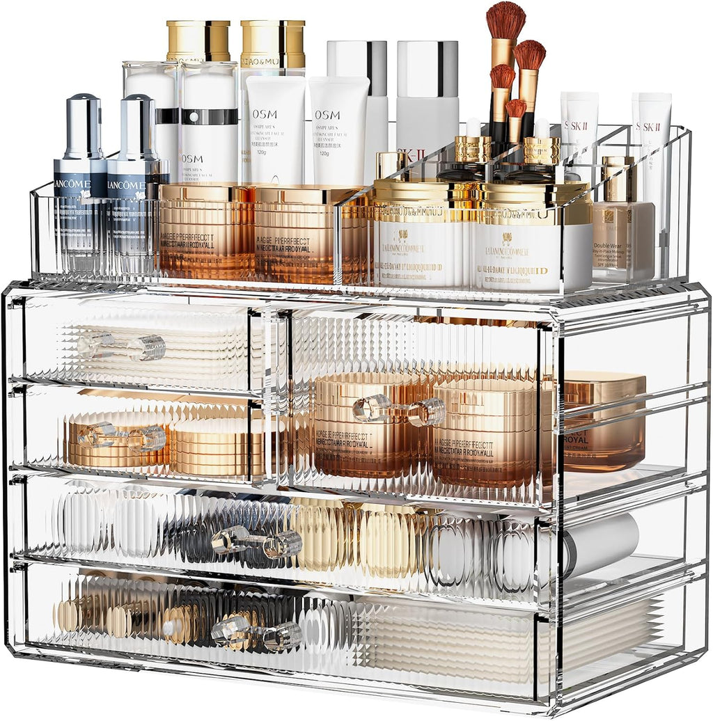 ZHIAI Stackable Storage Drawers, Acrylic Bathroom Counter Organizer Clear Makeup Organizers for Vanity, Kitchen Cabinets, Bathroom, Undersink, Home Organization and Storage (2Top 3 Drawers,)