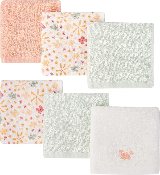 Baby Washcloths 6 Pack 100% Cotton Soft and Absorbent Terry 10" x 10" Wash Cloths Wipes for Face Hand Body Burp Rag with Sensitive Skin for Newborns Infants Toddlers