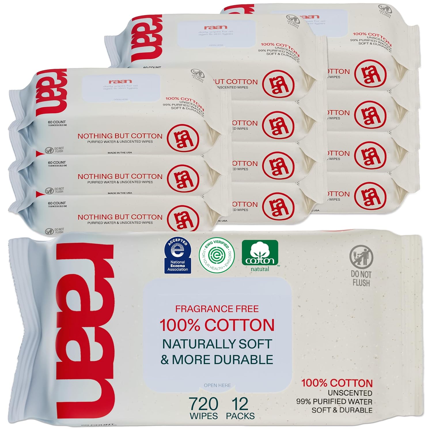 Raan, 100% Cotton Baby & Toddler Wipes, Unbleached, 99% Purified Water, Unscented, EWG verified, Made for Sensitive Skin, Extra Soft and Durable, 12 pack, 720 Count