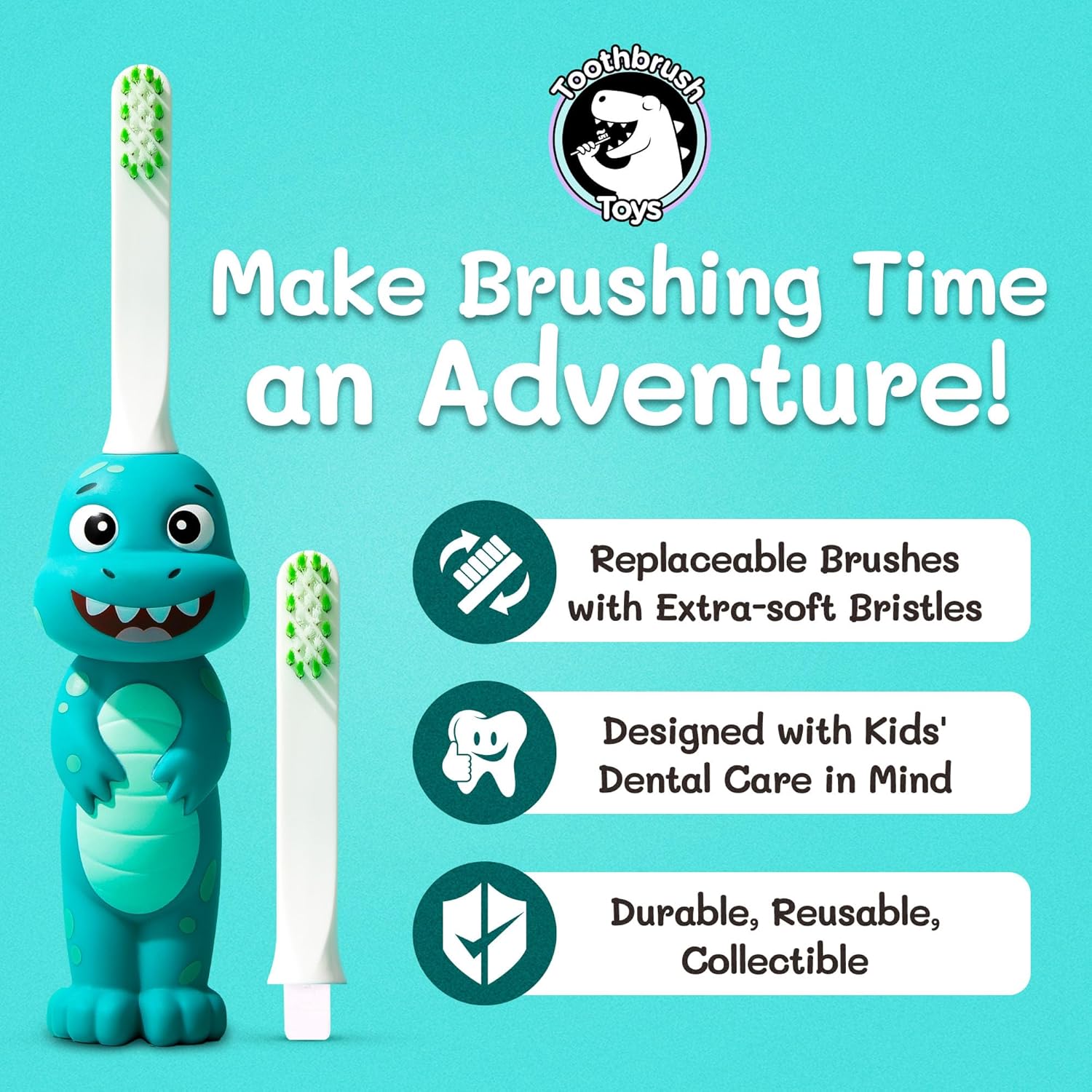 Kids Soft Bristle Dinosaur Toothbrush for Ages 2+, Gentle and Cute Toothbrush for Children with Replaceable Brush Head, Ergonomic Handle Kids Brush for Teeth Care Ideal for Toddlers, Dinosaur Design