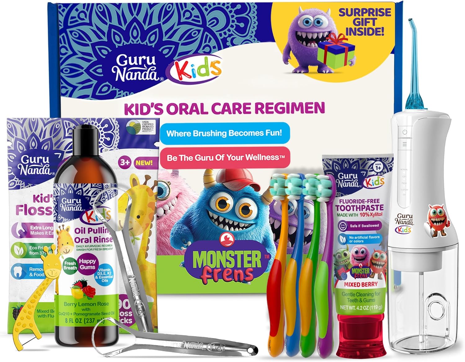 GuruNanda Kids Oral Care Regimen Kit with Toothpaste, Butter On Gums Toothbrush, Oil Pulling Mouthwash, Giraffe Floss Picks, Water Flosser & Tongue Scrapers