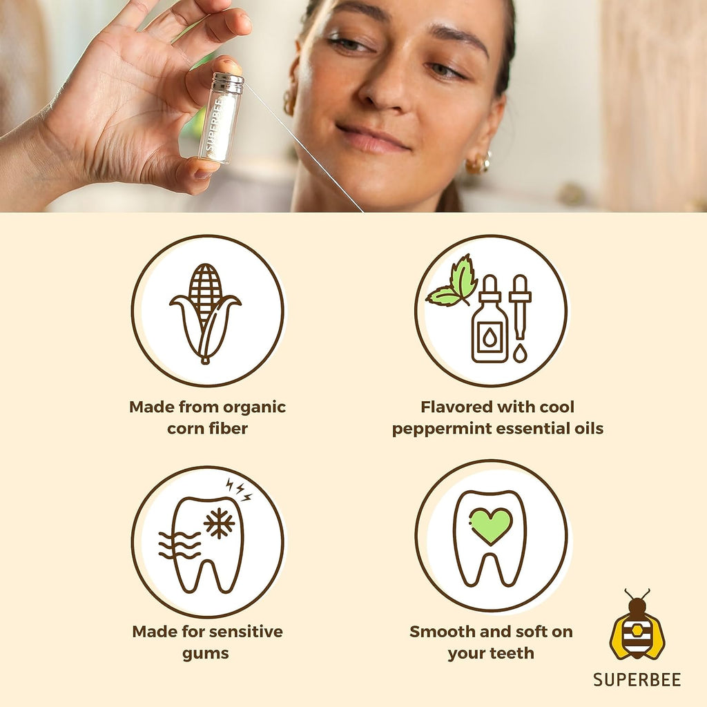 SuperBee Dentos Floss, 3 spools Dental Thread, Vegan and Natural Corn Fiber Floss, for Sensitive Gums Kids and Adults, Peppermint Flavored Fluff, Dental Yarn, Oral Care Routine