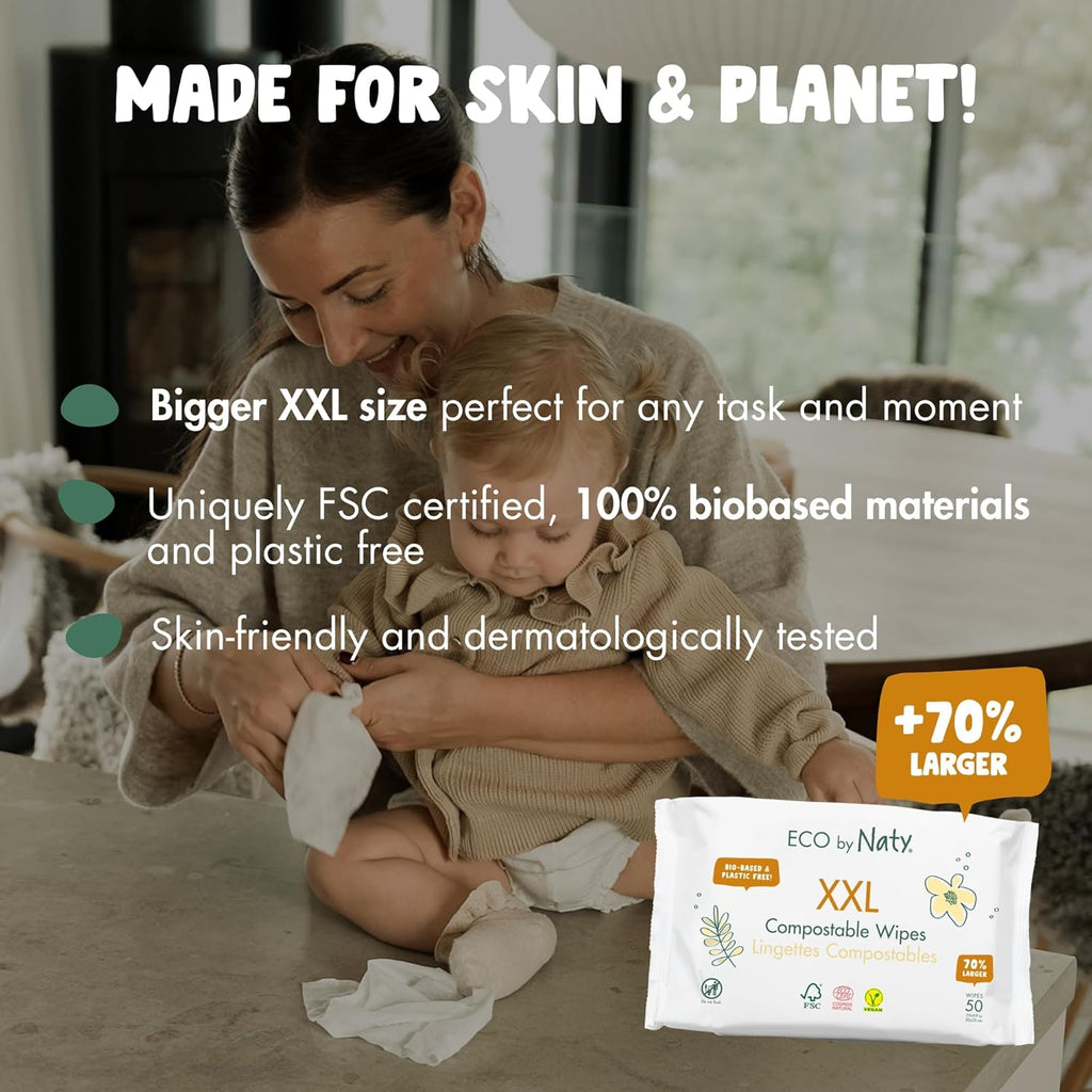Naty Compostable XXL Baby Wipes - Unscented, 100% Plant-Based, Plastic-Free, Fragrance-Free, Hypoallergenic for sensitive skin and Dermatologically Tested (XXL - 600 Count - 12 Packs of 50)