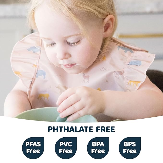 Tiny Twinkle Mess-Proof Baby Bibs for Eating | Waterproof, Wipeable Toddler Bibs with Catch-All Pocket | Feeding Bibs for Girls & Boys(3 Pack,Petite Safari)