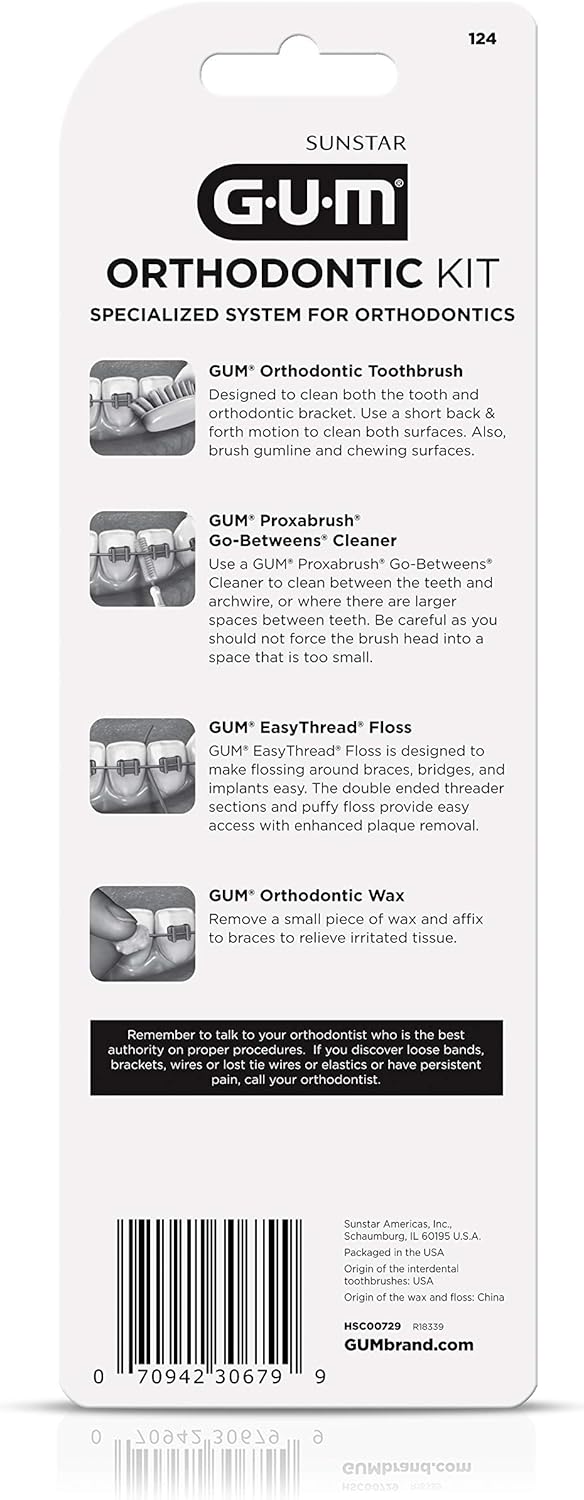 GUM Orthodontic Kit – Features Orthodontic Toothbrush, 3 Proxabrush Sizes and Shred-Resistant EasyThread Floss, and Mint Ortho Wax