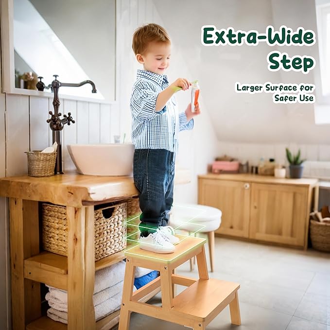 Bamboo 2 Step Stool for Kids & Adults, Wooden Kids Step Stool for Bathroom & Kitchen, Bed Steps for High Beds, Portable with Handle, Non-Slip & 350 Ibs Capacity