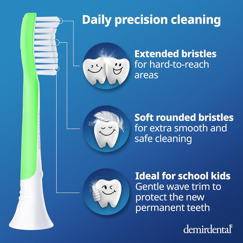 demirdental Kids Toothbrush Heads Compatible with Philips Sonicare Kids Toothbrush Heads - Replacement Heads Sensitive - Brush Heads from Ages 7 to 10 - Green - Replaces HX6048-8 Pack