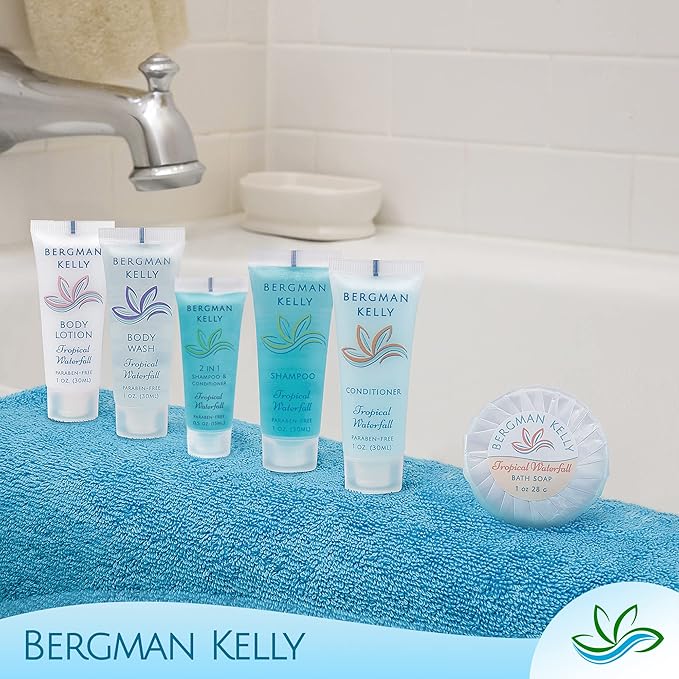 Bergman Kelly - Travel Size 2 in 1 Shampoo & Conditioner - 0.5 fl oz, 200 PK, Tropical Waterfall - Delight Your Guests w/Invigorating & Refreshing Shampoo Amenities - Small Hotel Toiletries in Bulk