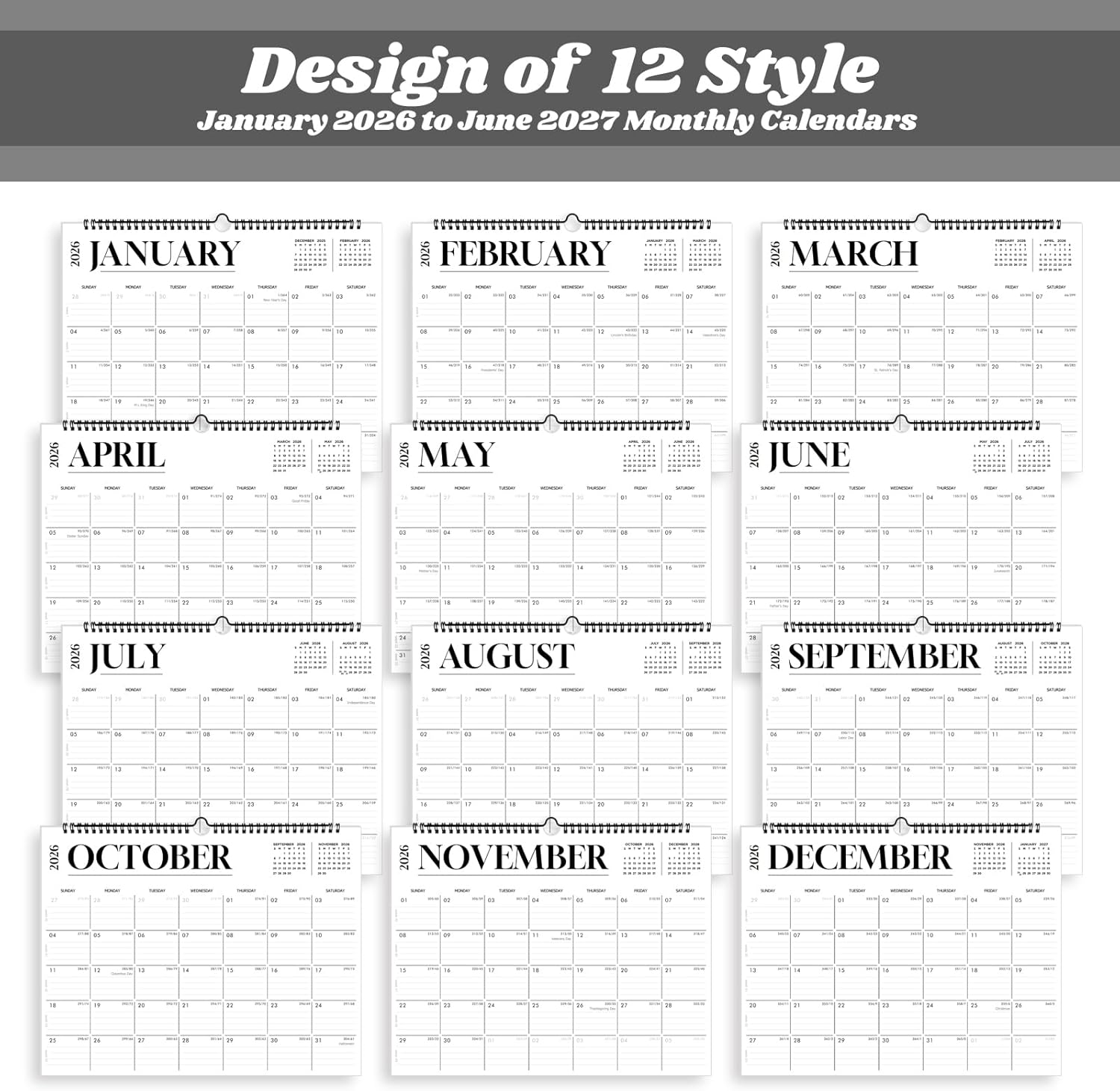 2026 Calendar, Wall Calendar 2026-2027, 18 Month Calendar January 2026 - June 2027, 14.8" X 11.5", Calendar with Twin-Wire Binding, Hanging Hook and Julian Dates (White)