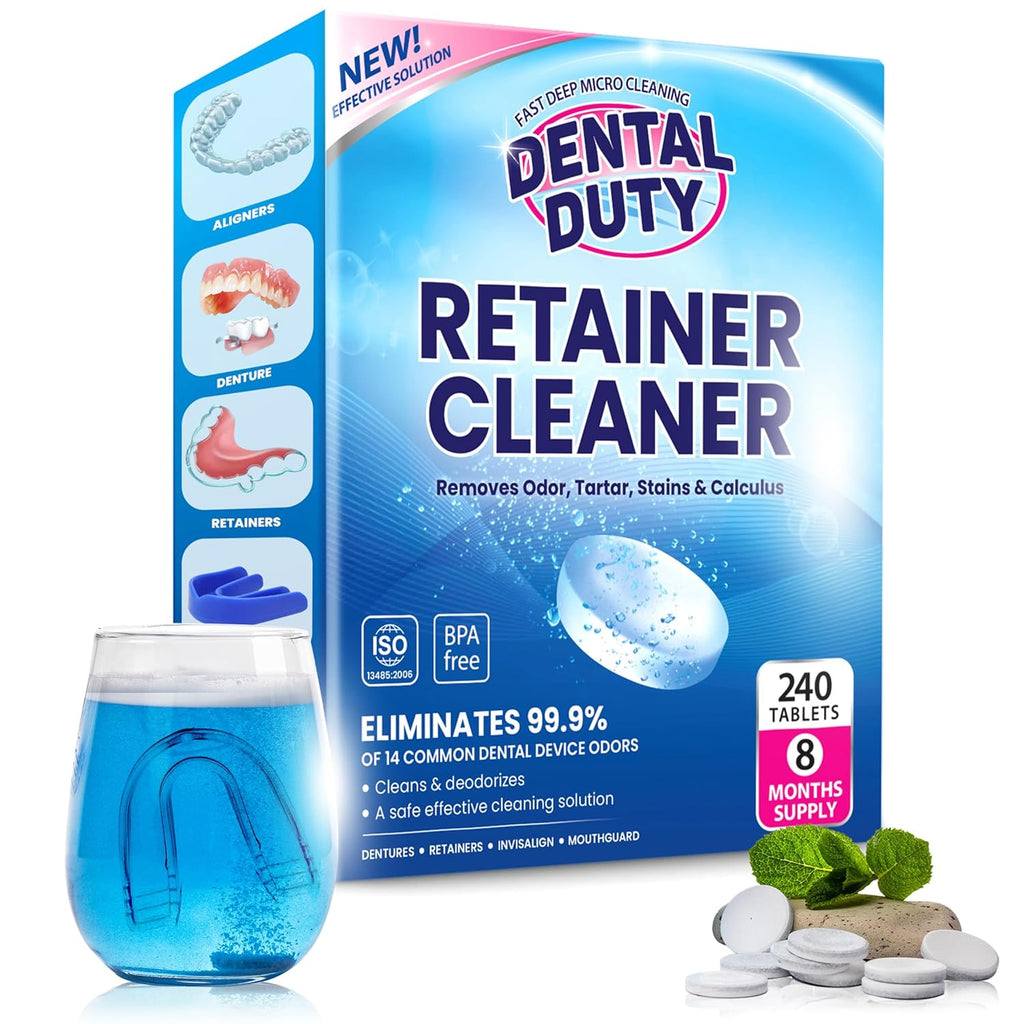 240 Units Retainer and Denture Cleaning Tablets (8 Months Supply) - Cleaner Removes Plaque, Stains from Dentures, Retainers, Night Guards, Mouth Guard, Aligners and Removable Dental Appliances