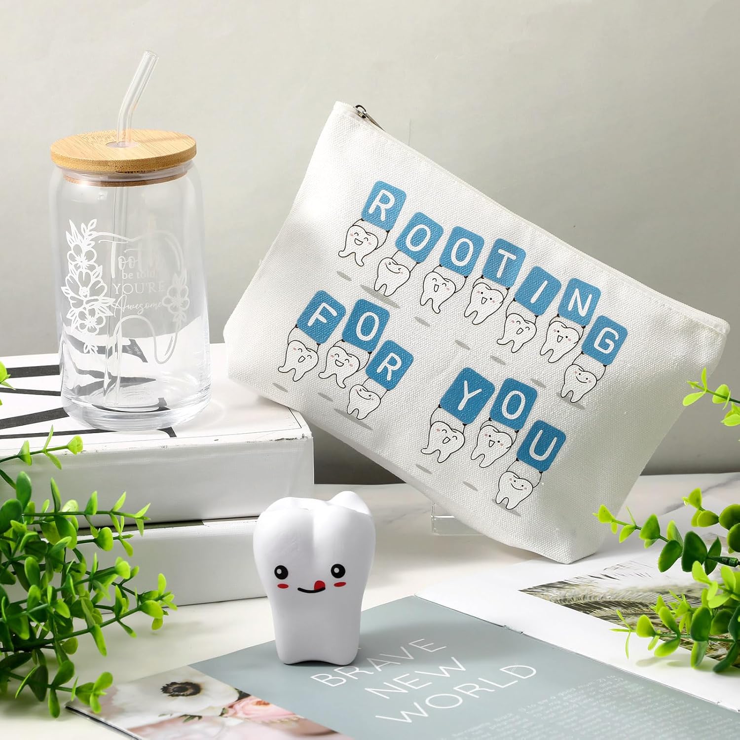 Sliner 3 Pcs Dental Hygiene Gifts Assistant Hygienist Gifts 16 oz Glass Cups Makeup Bag Teeth Stress Toy for Women Coworkers Nurse Dentist Retirement Graduation Christmas Birthday Gift(White)