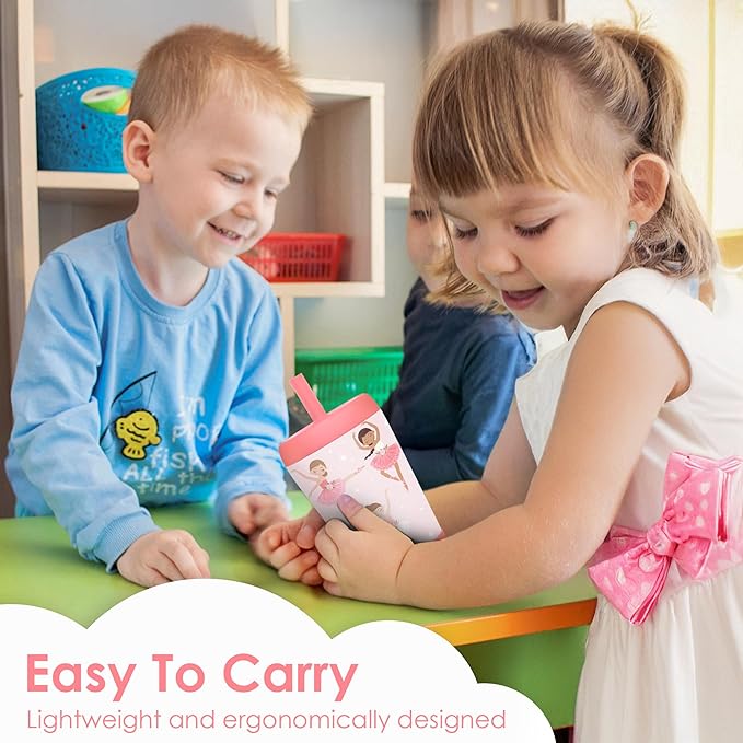 Kid Insulated Stainless Steel Tumbler with Silicone Straw, 12oz Sippy Cup for Kids (Pink Ballerina)