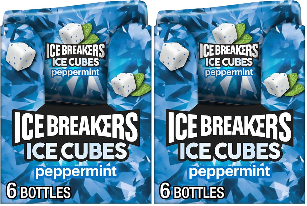 ICE BREAKERS Ice Cubes Peppermint Sugar Free Chewing Gum Bottles, 3.24 oz (6 Count, 40 Pieces) (Pack of 2)