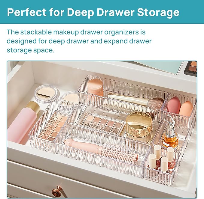 Vtopmart 7 PCS Clear Drawer Organizers Bins, 4-Size Stackable Makeup and Vanity Drawer Organizer Trays, Acrylic Bathroom Drawer Storage Containers for Cosmetic, Office Supply, Kitchen Utensils Gadgets