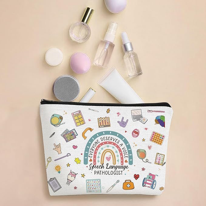 Speech Language Pathologist Makeup Bag – SLP Gifts for Women, Speech Therapist Appreciation Pouch, Waterproof Linen Cosmetic Bag for Coworker, Student, Graduation