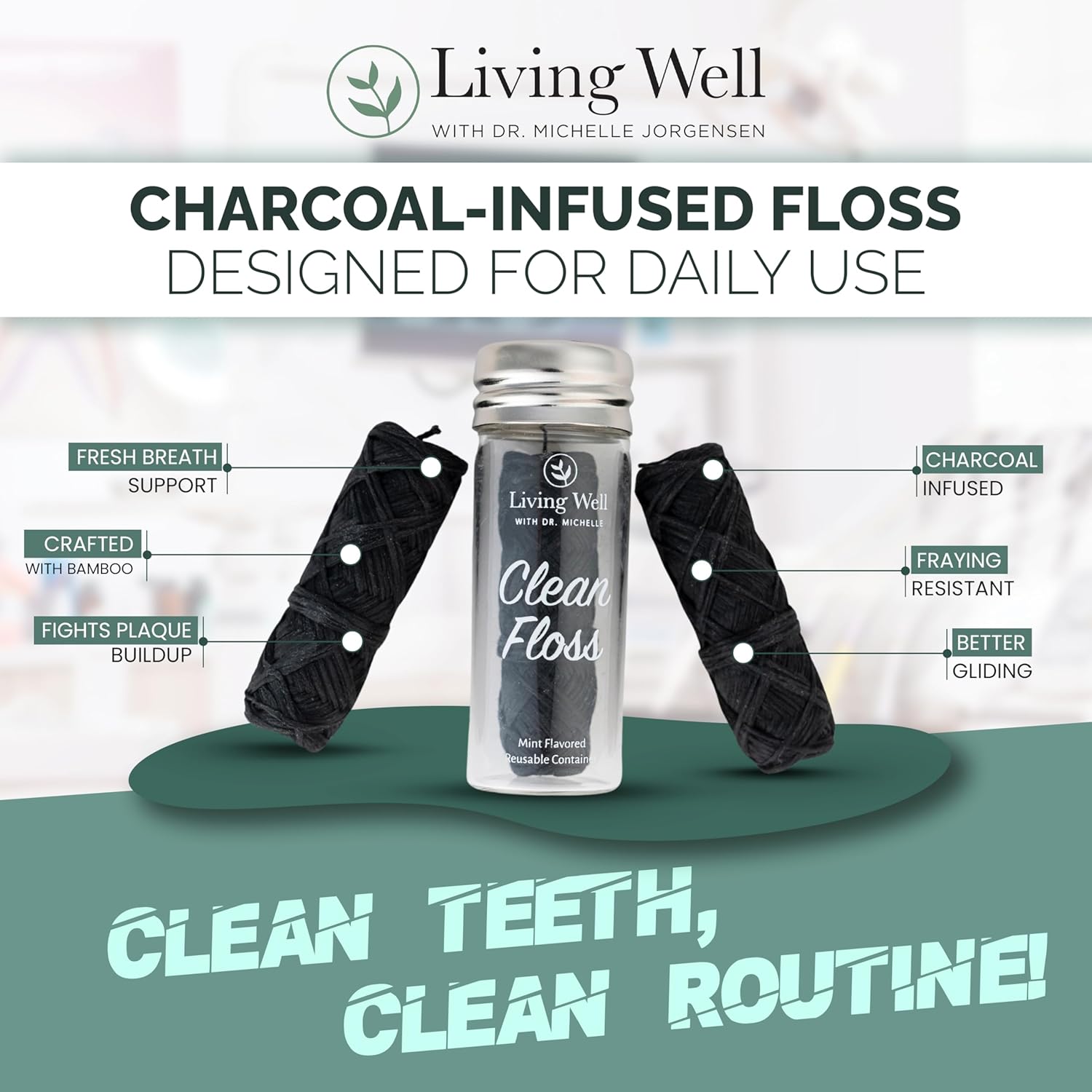 Living Well Bamboo Charcoal Dental Floss – Natural, Vegan, Biodegradable, PFAS-Free – Eco-Friendly Floss with Glass Jar – Zero Waste Oral Care