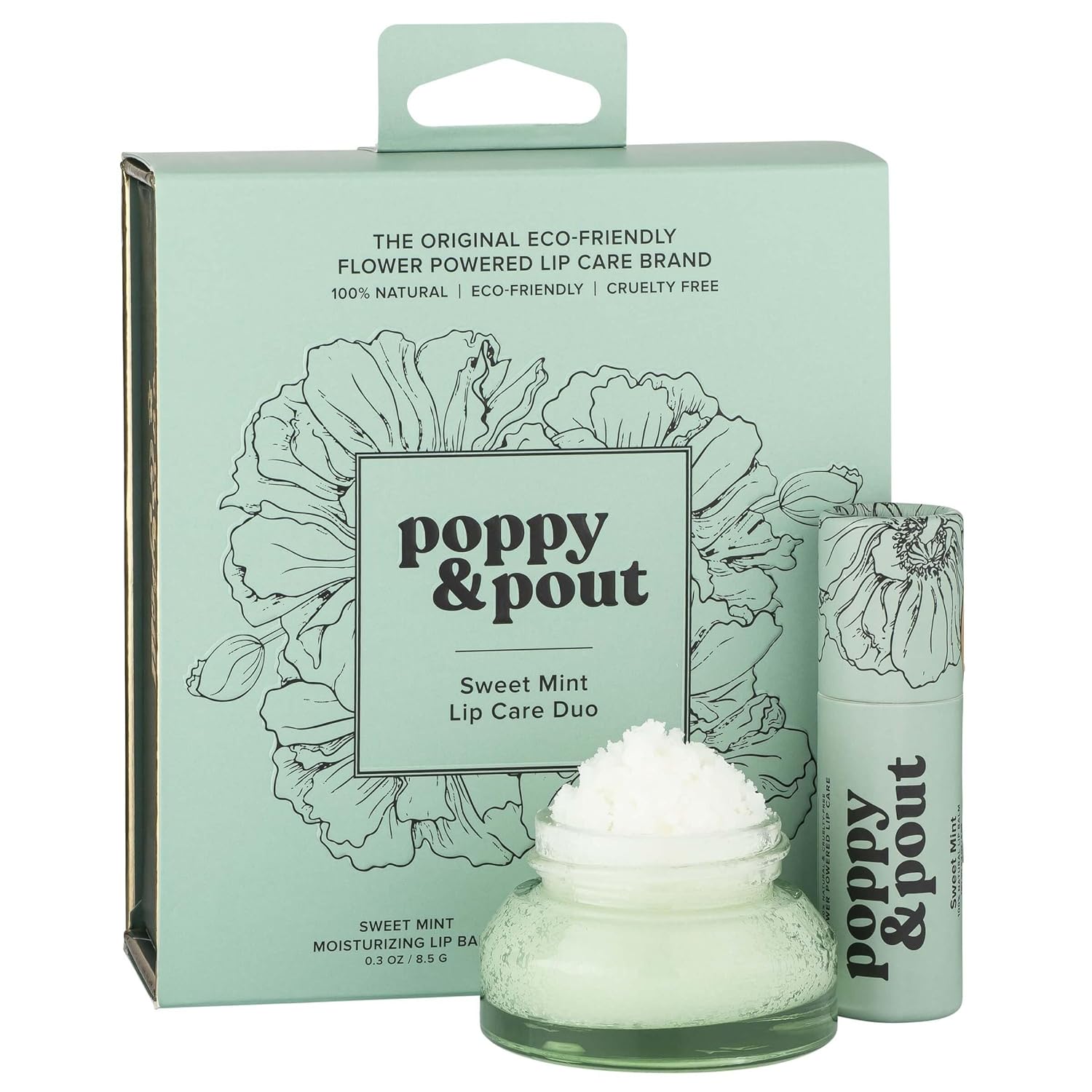 Poppy & Pout Lip Care Set | Lip Balm & Scrub | Sustainable Cardboard Tubes & Glass Jars, All Natural, Beeswax, Coconut Oil, Cruelty Free, Exfoliating & Moisturizing Lip Treatment (Sweet Mint)