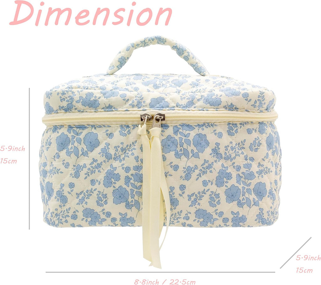 PAZIMIIK Cotton Makeup Bag for Women Large Quilted Travel Cosmetic Case Girls' Make Up Organizer,Little Flower Blue