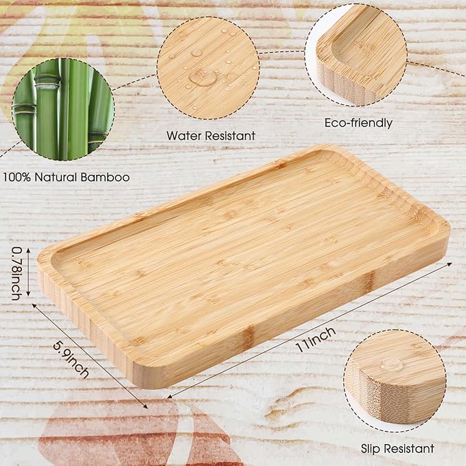 Sieral 3 Pcs Bamboo Tray for Bathroom Bamboo Vanity Bathroom Counter Organizer Decorative Tea Serving Tray for Dresser Coffee Table Home Toilet Tank Candle Perfume (11 x 5.9 Inch)