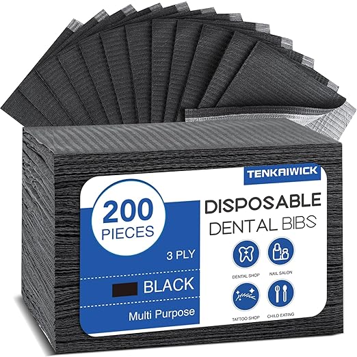 200 Pack Disposable Dental Bibs 13"x18", 3-Ply Waterproof Tattoo Bibs Sheet for Nail Salon, Dental Clinic, Feeding, Tattoo Shop (Black)