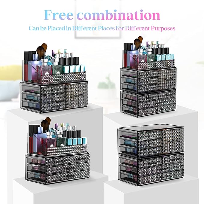 3 Pack Makeup Organizer Stackable[Upgraded], Acrylic Cosmetics Storage Cases with 8 Drawers Perfume Organizers For Brush Holder or Jewelry Display,Plus Size,Best For Vanity,Bathroom or Countertop