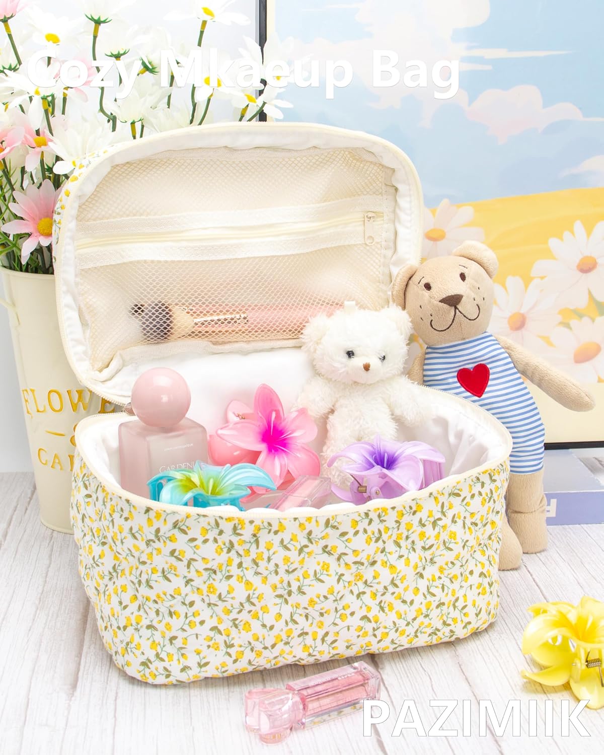 PAZIMIIK Quilted Makeup Bag Large Travel Zipper Soft Cosmetic Case for Women Girls Make Up,Floral Yellow