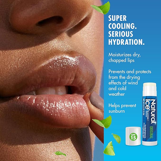 Mentholatum Natural Ice Original Medicated Lip Balm, Hydrating Lip Care for Dry, Chapped Lips, Moisturizing Formula with SPF 15 Helps Prevent Sunburn, Protection for Smooth, Soft Lips (Pack of 12)