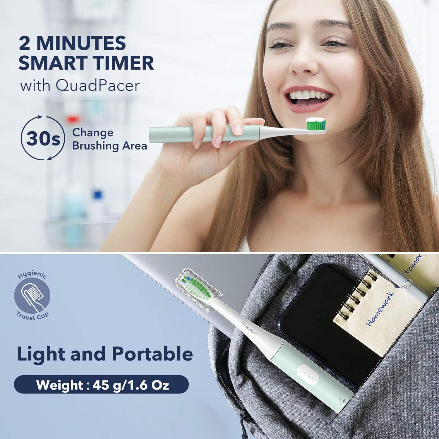ARISSON Sonic Electric Toothbrush for Adults and Kids, 40,000 VPM Power Toothbrush, 1.5H Fast Charge Ultrasonic Electric Toothbrushes with 2 Minutes Smart Timer, White on Powder Blue