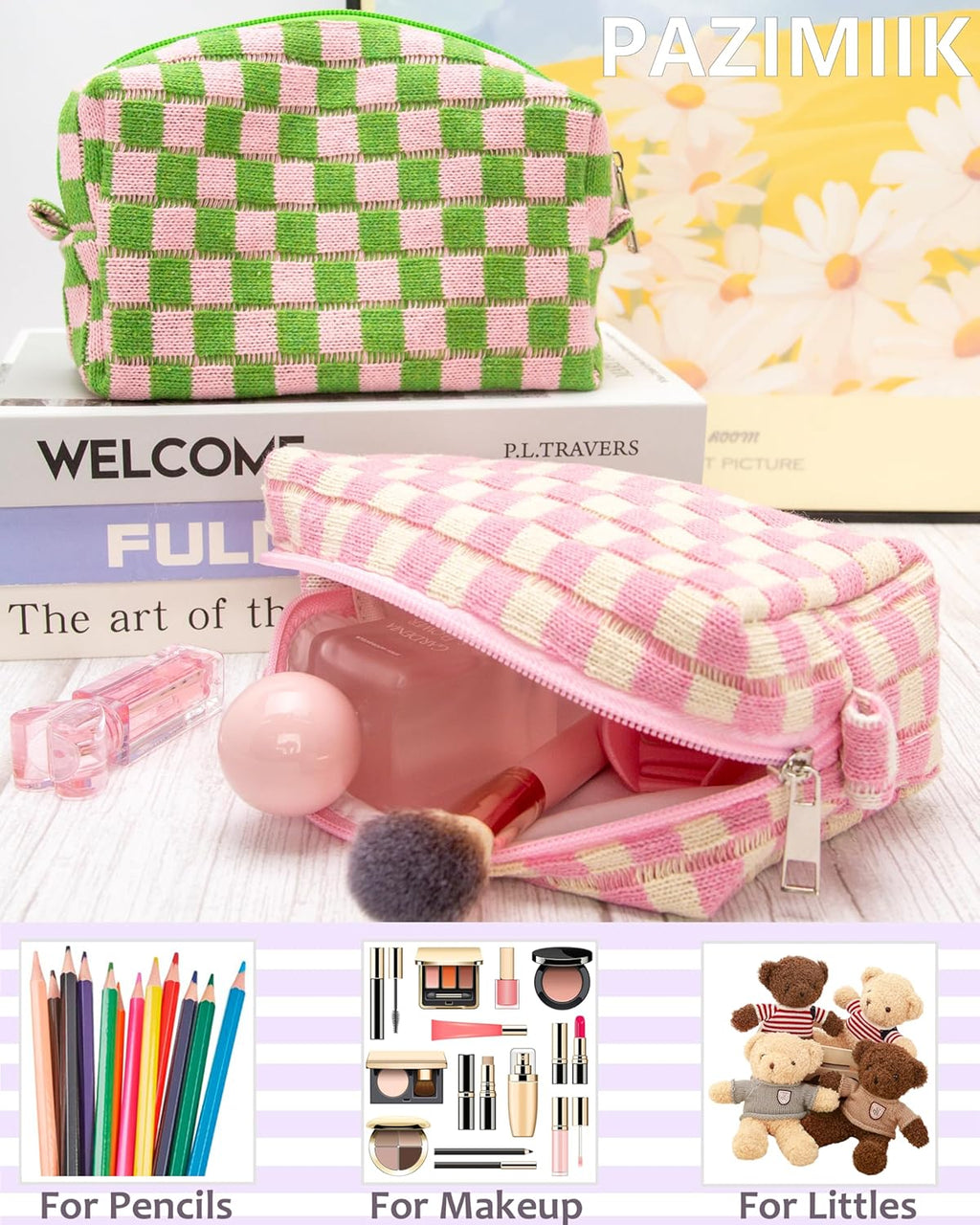 PAZIMIIK 6PCS Checkered Makeup Bag for Purse Portable Zipper Make Up Pouch Small Cosmetic Case for Travel Accessories Pink Beige