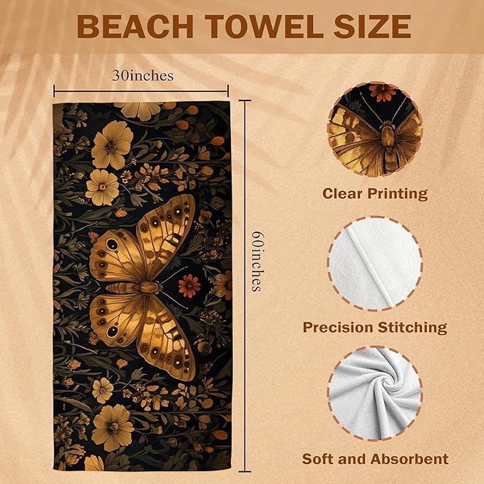 Vintage Butterfly Beach Towel, Vintage Butterfly Pool Towels, Dark Cottagecore Botanical Large Beach Bath Travel Towels for Women, Retro Butterflies Flowers Bathroom Accessories Decor, 30x60in