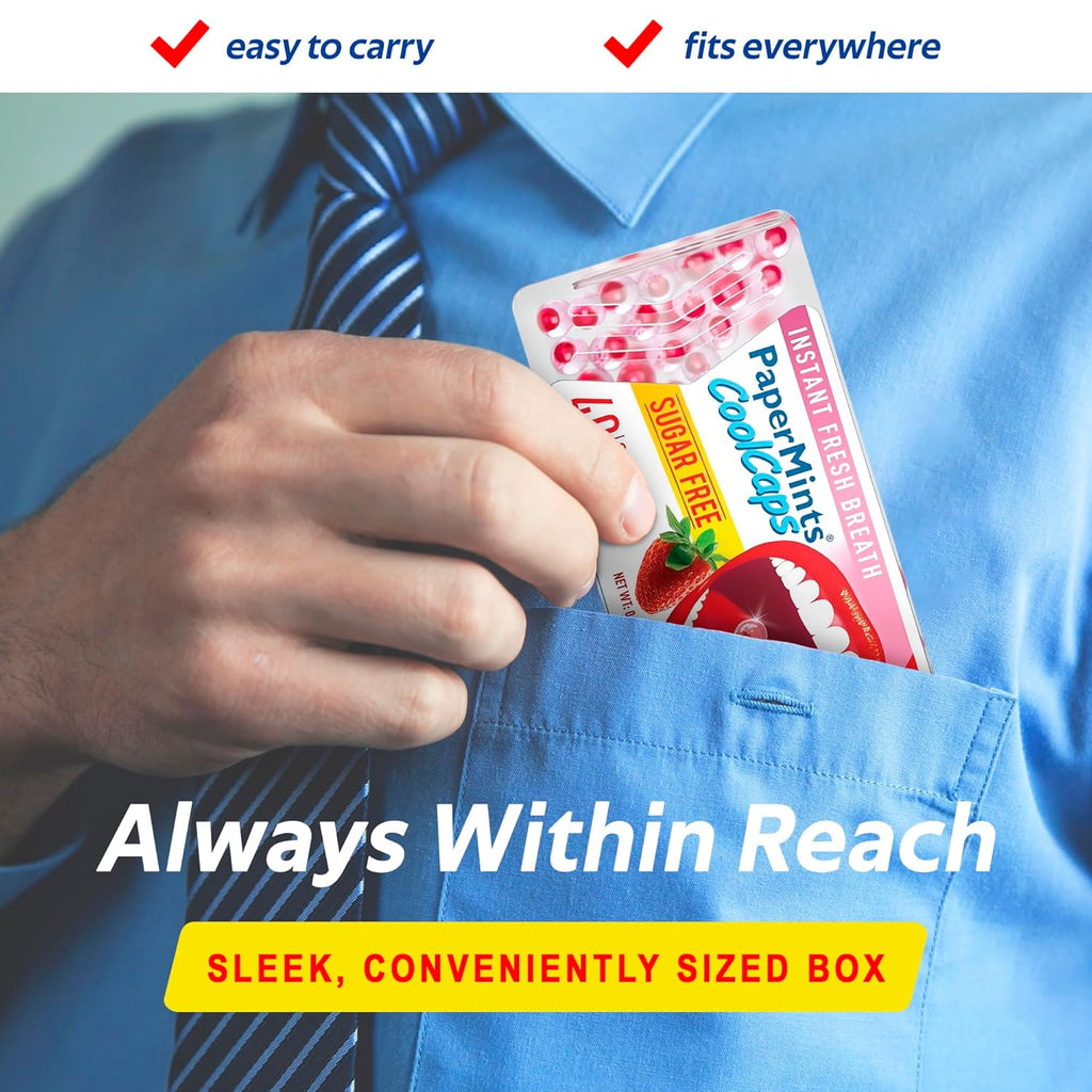 PaperMints CoolCaps - Instant Fresh Breath Mints Sugar-Free 4 Pack - 160 capsules. Extreme Bad Breath Treatment for Adults, Breath Freshener Pearls for Halitosis Treatment Keto-Friendly Strawberry