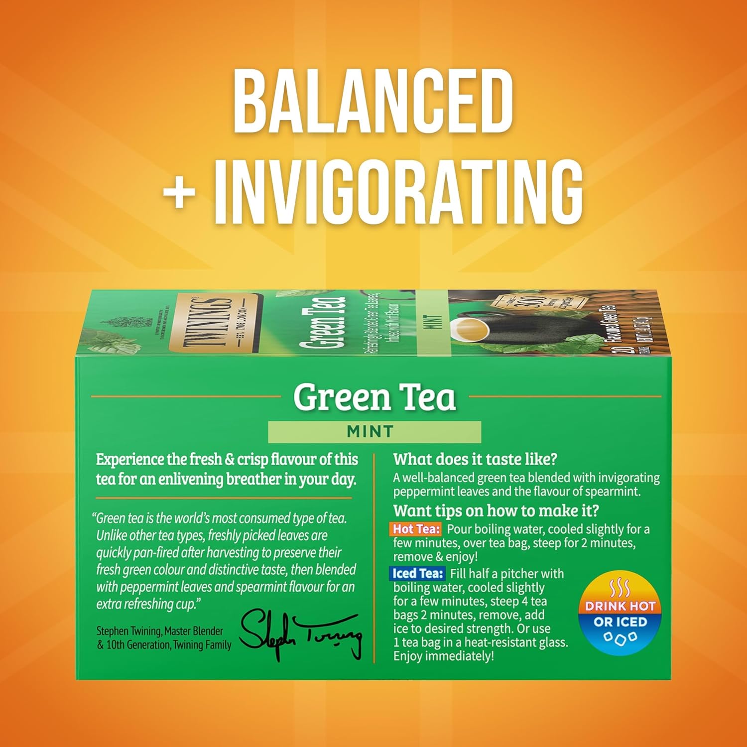 Twinings Green Tea with Mint Individually Wrapped Bags, 20 Count (Pack of 1), Invigorating Aroma, Caffeinated, Enjoy Hot or Iced, 20 Teabags