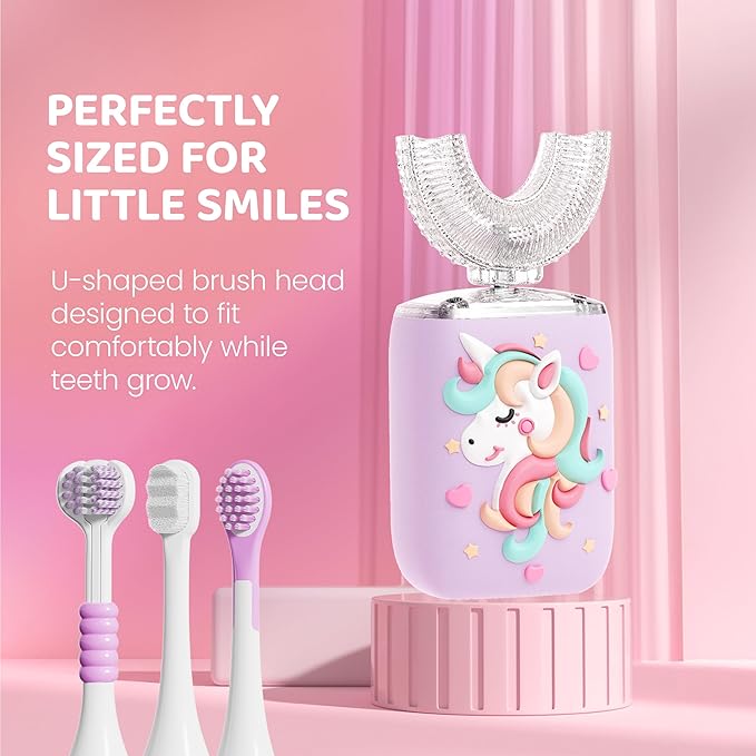 Well Before Ultrasonic Kid's U-Shaped Electric Toothbrush, IPX7 Waterproof, Five Cleaning Modes (Unicorn, Pink Ages 2-7)