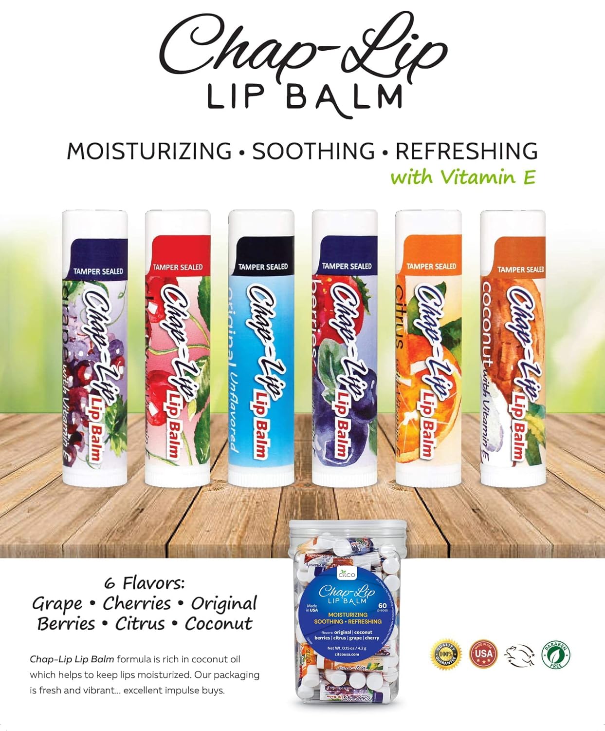 Vitamin E Lip Balm with Coconut Oil - Lip Moisturizer Treatment - Soothing, & Refreshing, Total Hydration Treatment & Lip Therapy - Assortment of 6 Refreshing Flavors, 60 Count