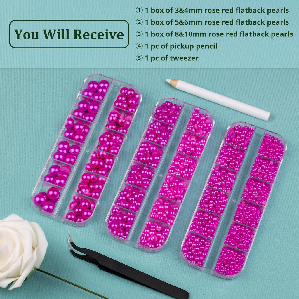 3 Boxes Flat Back Pearls Kit 11 Flatback Rose Red Half Round Pearls 3-10mm with Pickup Pencil and Tweezer for Home DIY and Professional Nail Art, Face Makeup and Craft
