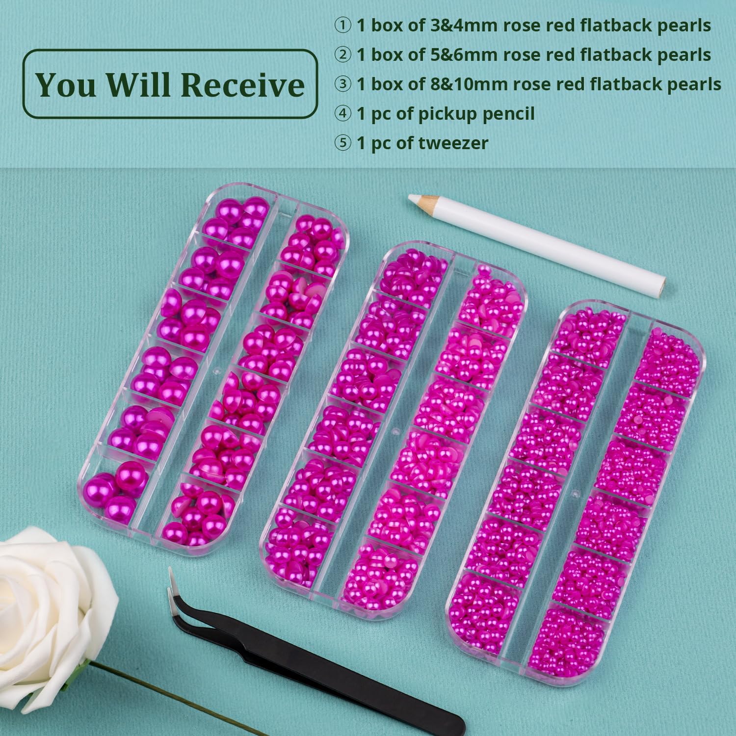 3 Boxes Flat Back Pearls Kit 11 Flatback Rose Red Half Round Pearls 3-10mm with Pickup Pencil and Tweezer for Home DIY and Professional Nail Art, Face Makeup and Craft
