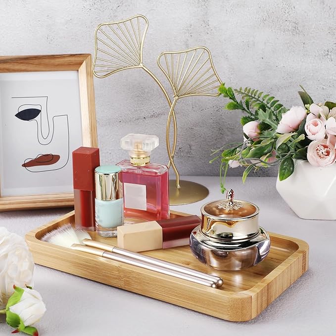 3 Pcs Bamboo Tray for Bathroom Bamboo Vanity Bathroom Counter Organizer Decorative Tea Serving Tray for Dresser Coffee Table Home Decor Toilet Tank Candle Perfume, 9.8 x 5.7 x 0.78 Inch