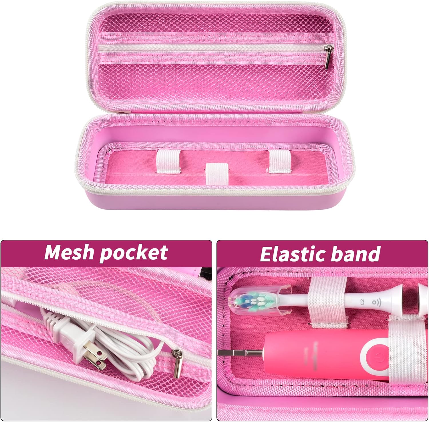 Toothbrush Travel Case Compatible with Oral-B Pro 1000, 2000, 3000, 3500, 1500/ for Philips Sonicare ProtectiveClean 4100 5100 Electric Toothbrush with Mesh Pocket for Accessories - Pink (Bag Only)