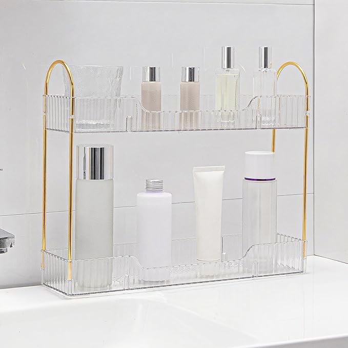 YCIA&DONE 2 Tiers Narrow Vanity Makeup Organizer, Bathroom Organizer Countertop Slim, Perfume Holder Skincare Storage Cosmetic Shelf Spice Rack, for Small Desktop Space, White Clear