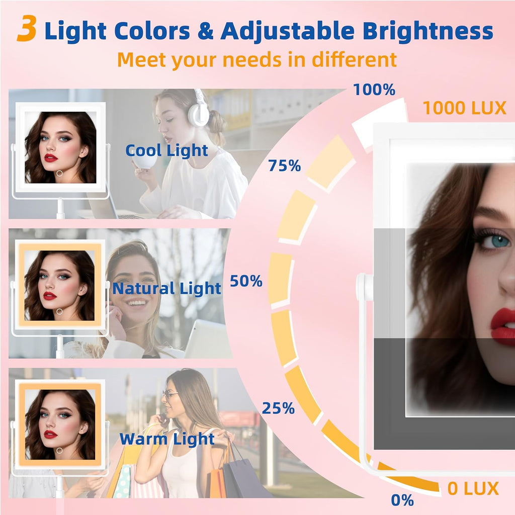 Ruacq Rechargeable Makeup Mirror, 4000mAh Lighted Makeup Mirror with Magnification 1X/10X, Height Adjustable Vanity Mirror with Lights, 3 Color Lights, Adjustable Brightness, 360°Rotation (White)