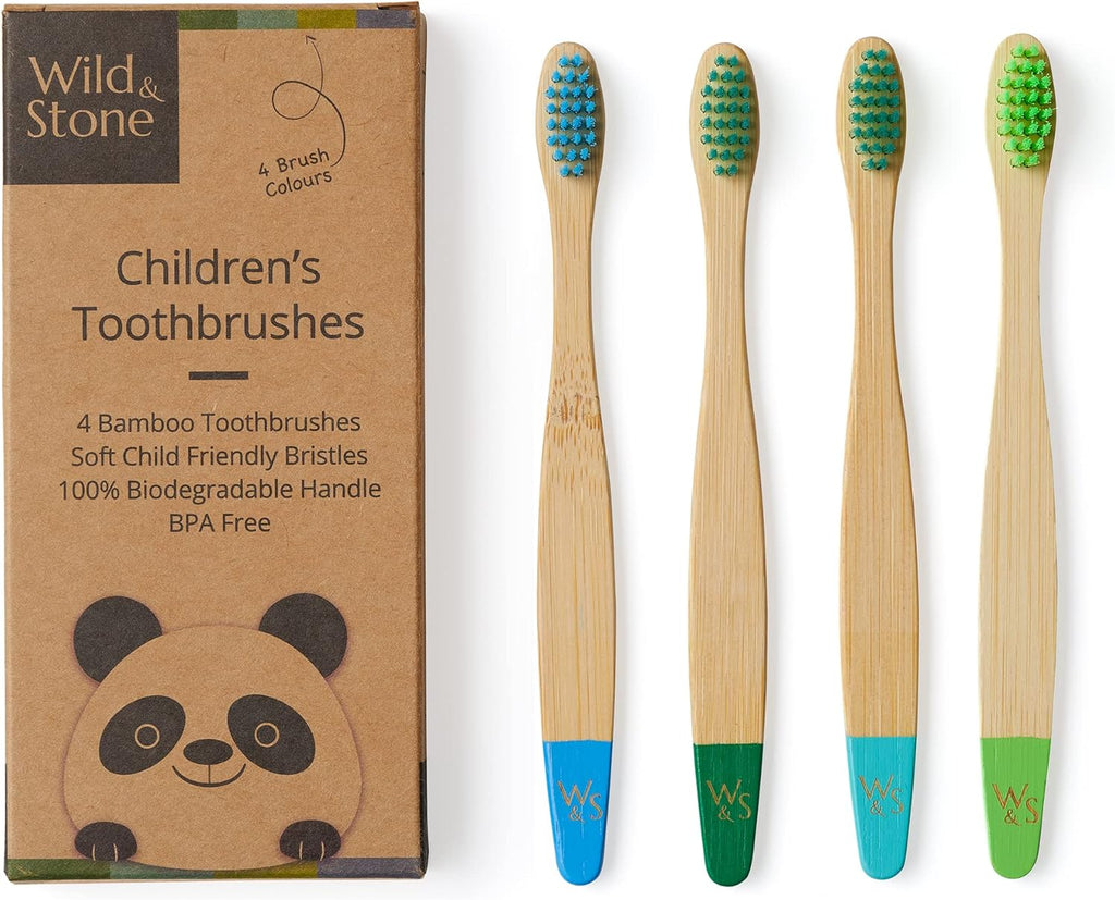 Wild & Stone | Organic Children's Bamboo Toothbrush | 4 Pack | Soft Fibre Bristles | 100% Biodegradable Handle | BPA Free | Vegan Eco Friendly Kids Toothbrushes (Aqua)