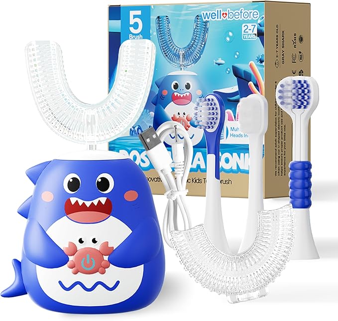 Well Before Ultrasonic Kid's U-Shaped Electric Toothbrush, IPX7 Waterproof, Five Cleaning Modes (Shark, Blue Ages 2-7)