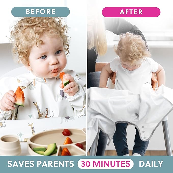 BIBaDO - Long Sleeve Baby Bibs - Babies & Toddlers 6-36 Months - Coverall Baby Led Weaning Bib - Easy Wipe, Soft & Waterproof
