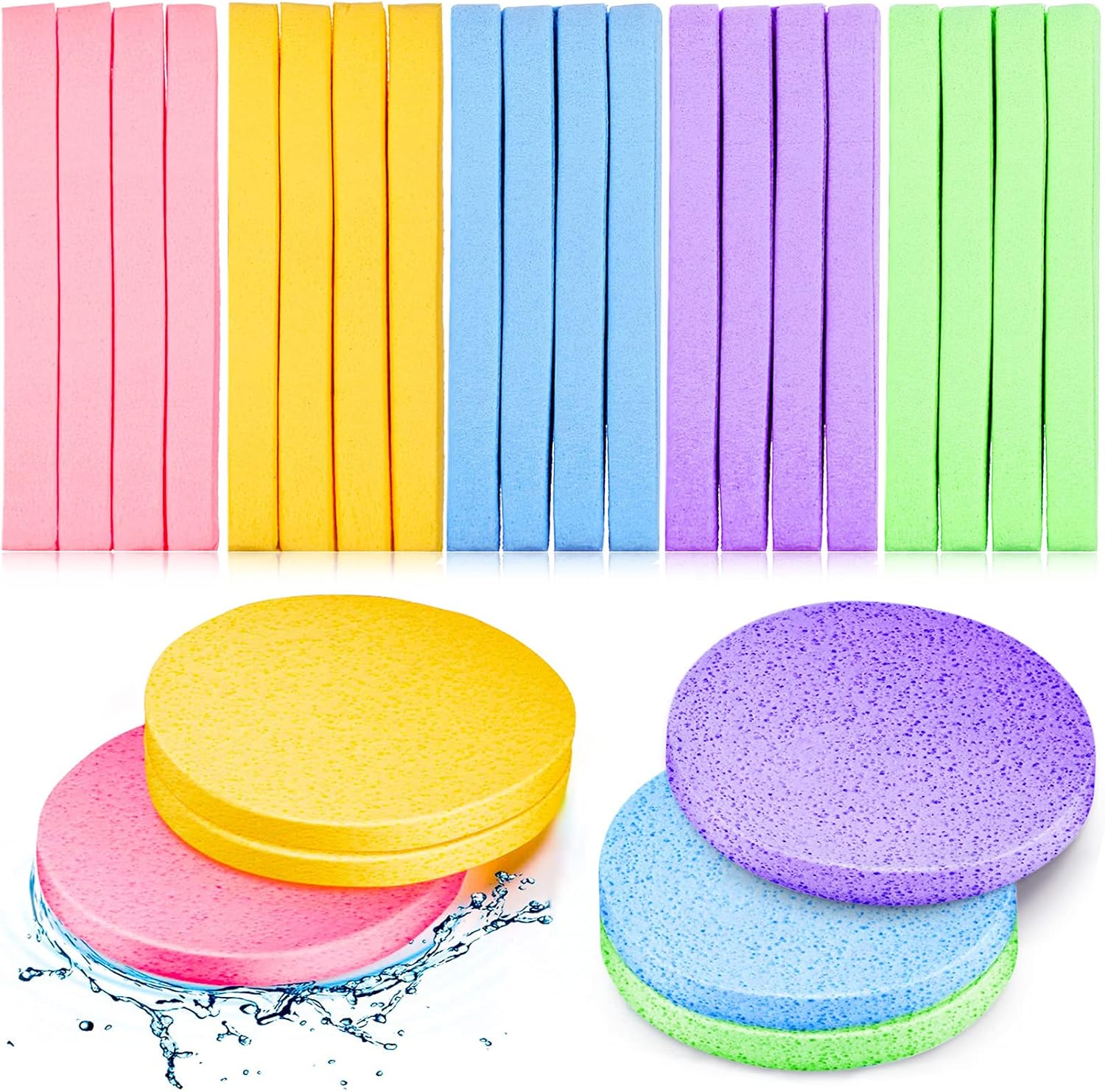 Patelai 300 Pieces Face Cleansing Sponge Wash Round Face Sponge Makeup Removal Sponge Pad Compressed Soft Facial Sponge Exfoliating Sponges, Pink, Purple, Blue, Yellow, Green for Women