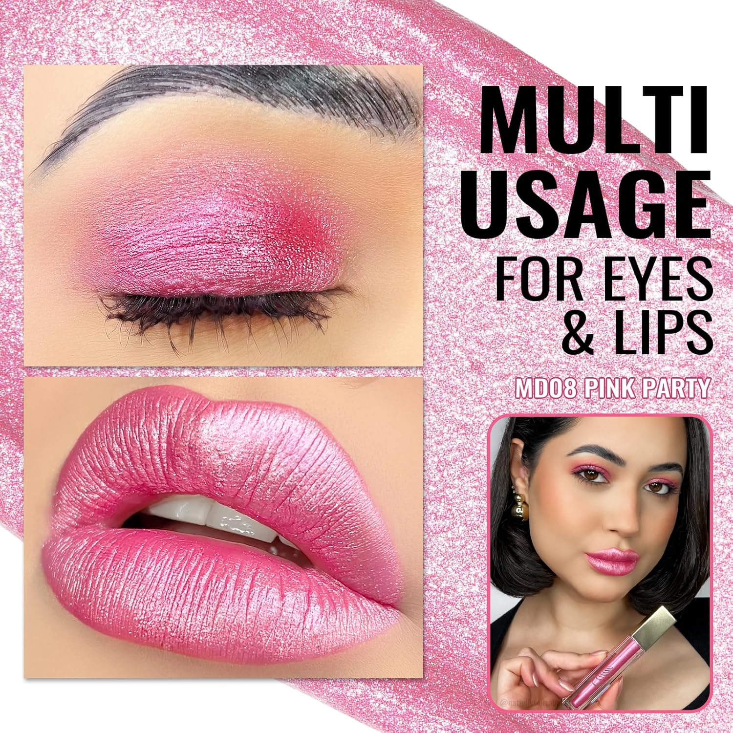 Oulac Pink Metallic Lipstick for Women, Long Lasting Lip Gloss Waterproof, Lips & Eye 2 IN 1 Lip Makeup, High Impact Lip Color, 3D Metallic Finish, No Transfer, Vegan MD08