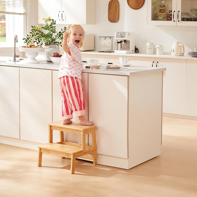 Bamboo Step Stools for Kids, Wooden Stepping Stool for Kitchen/Bathroom/Bedside, Double Step Stool - Holds up to 350Lb (Natural Wood)