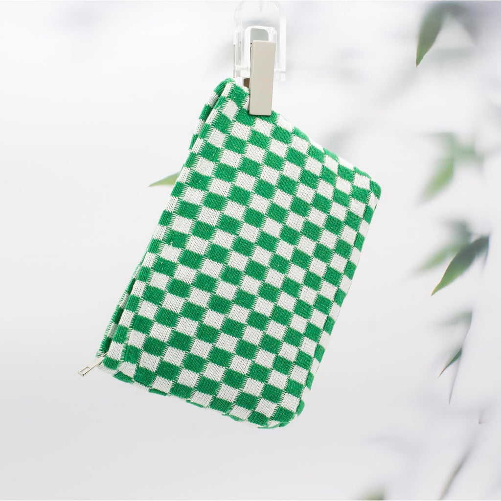 PAZIMIIK Knitted Checkered Makeup Bag Large Zipper Make Up Accessory Pouch for Purse Cosmetic Brush Bag for Travel Essential,Green
