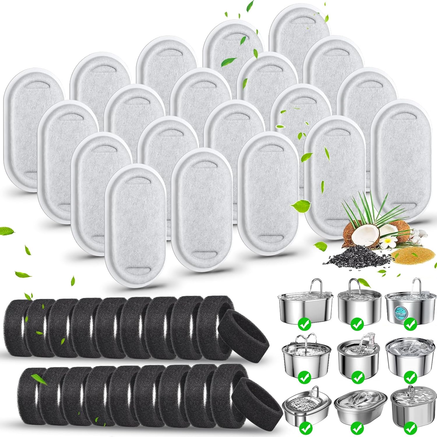 40 Pack Cat Water Fountain Filters-Cat Fountain Replacement Filters for Stainless Steel 108/3.2L& 67oz/2L Adjustable Water Flow Pet Water Fountain(20 Pack Pet Water Filter Refills+20 Pack Sponges)