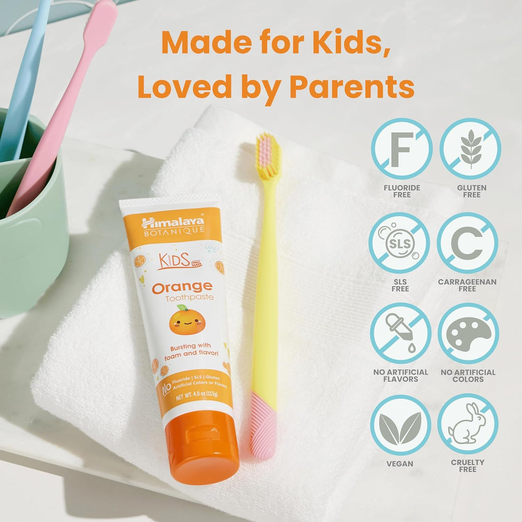 Himalaya Botanique Kids Toothpaste, Herbal, Orange Flavor, Fights Plaque, Fluoride-Free, Gentle, No Artificial Flavors or Colors, SLS Free, Gluten Free, Cruelty Free, Vegan, Foaming, 4 Oz, 1 Pack