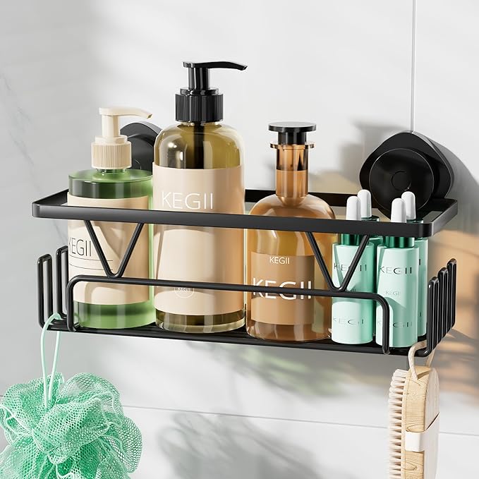 KEGII Shower Caddy Suction Cup with Hooks, Large Capacity Shower Suction Shelf, Heavy Duty Bathroom Organizer, No Drilling Stainless Steel Shampoo Holder for Bathroom Storage, Black